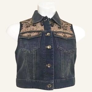 CHICO’S Platinum Western Chic Faux Gem Embellished Vest | Med Wash Denim | Sz 0